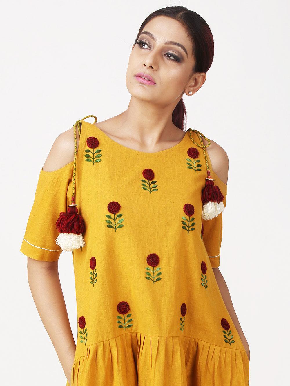 Yellow Floral Embroidered Rayon Short Dress - Peachmode