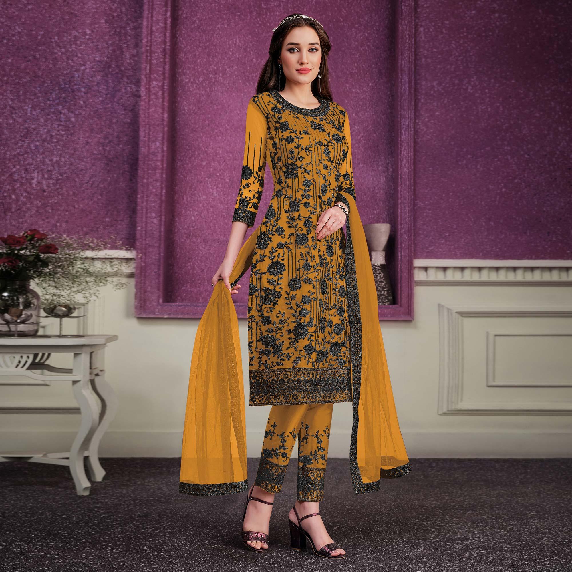 Yellow Floral Embroidered Soft Net Partywear Suit - Peachmode