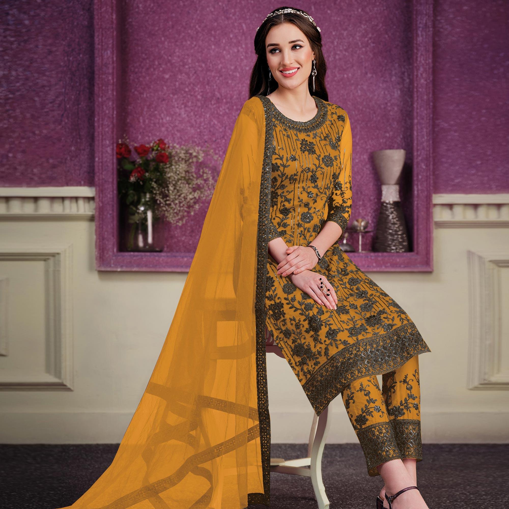 Yellow Floral Embroidered Soft Net Partywear Suit - Peachmode