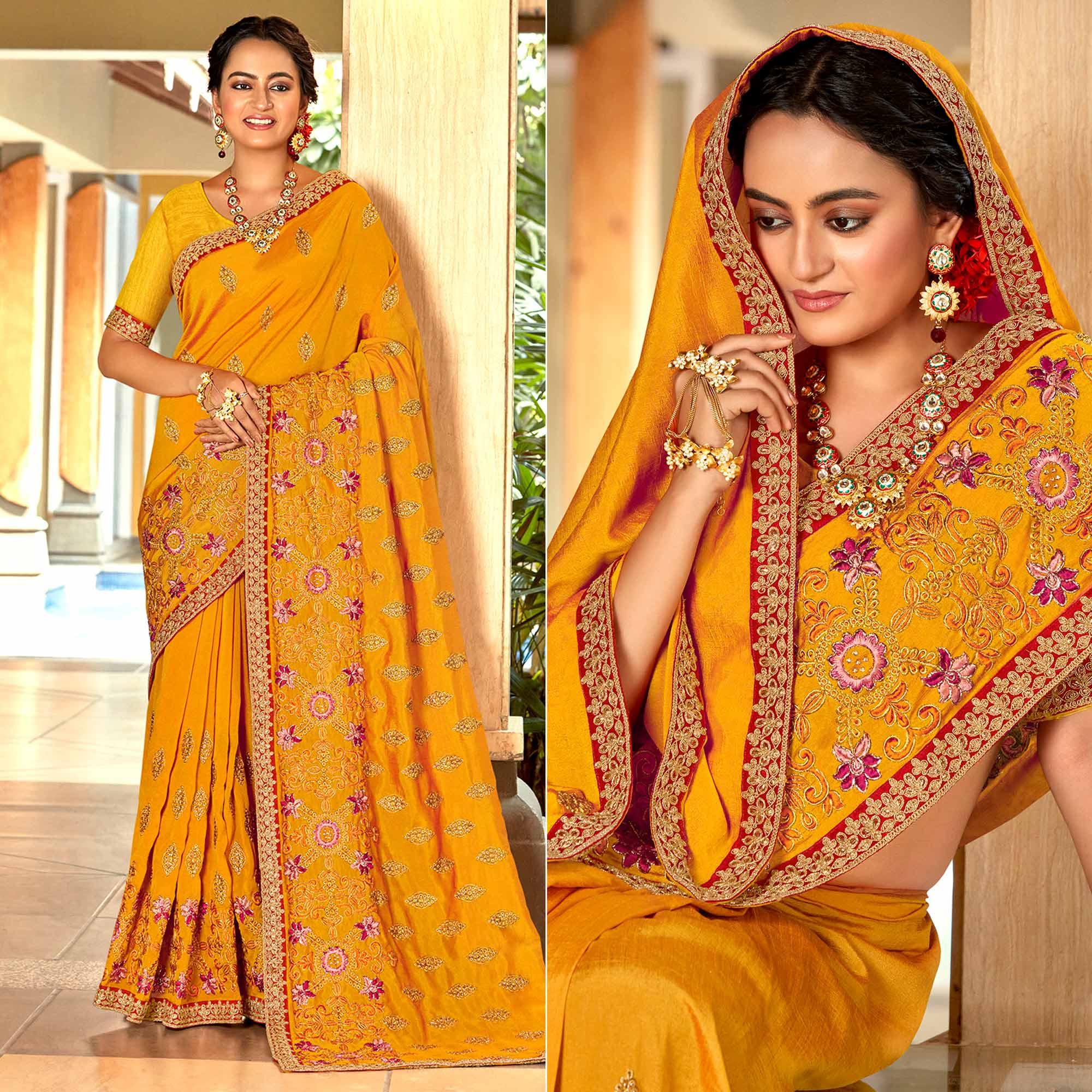 Yellow Floral Embroidered Vichitra Silk Saree - Peachmode
