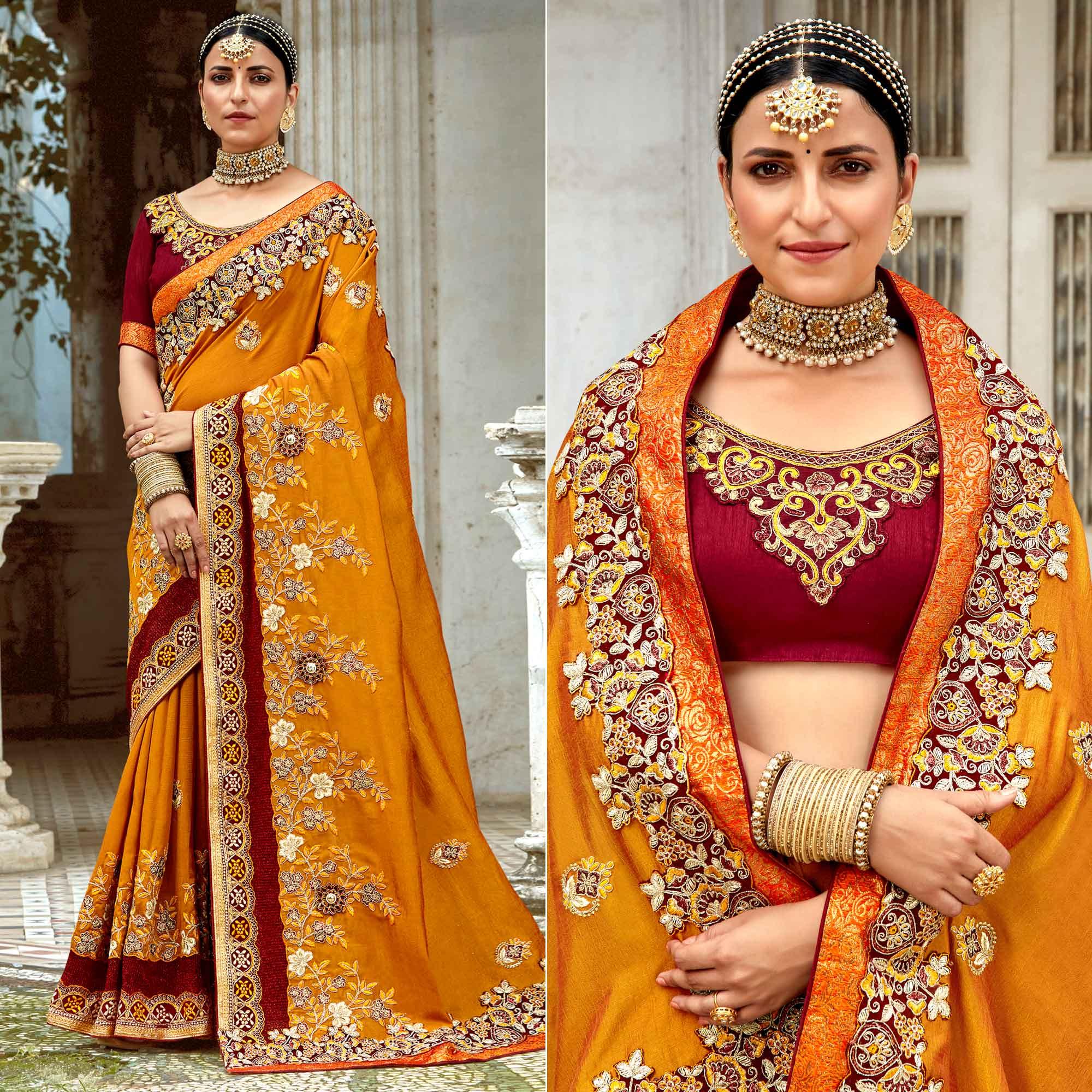 Yellow Floral Embroidered Vichitra Silk Saree - Peachmode