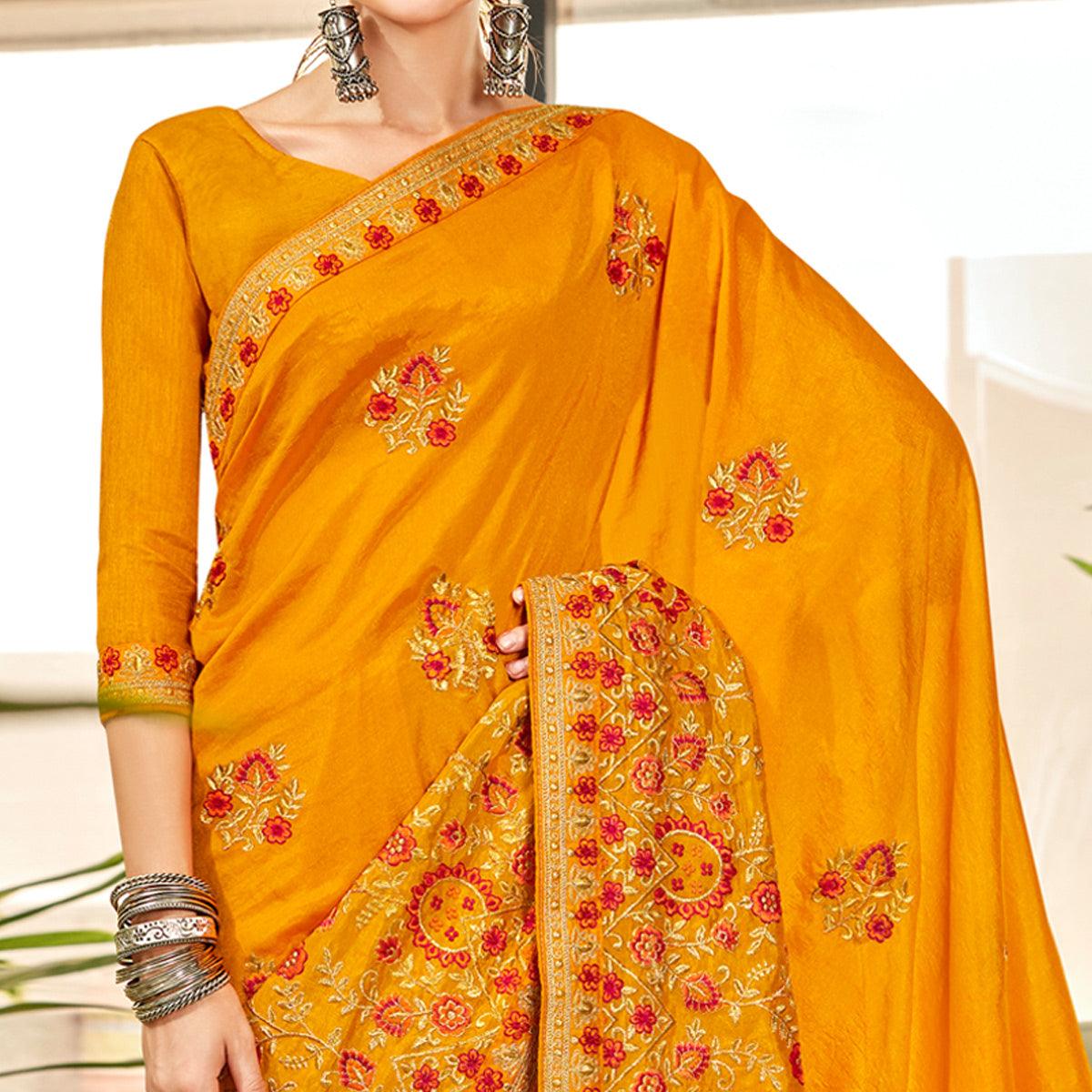 Yellow Floral Embroidered Vichitra Silk Saree - Peachmode