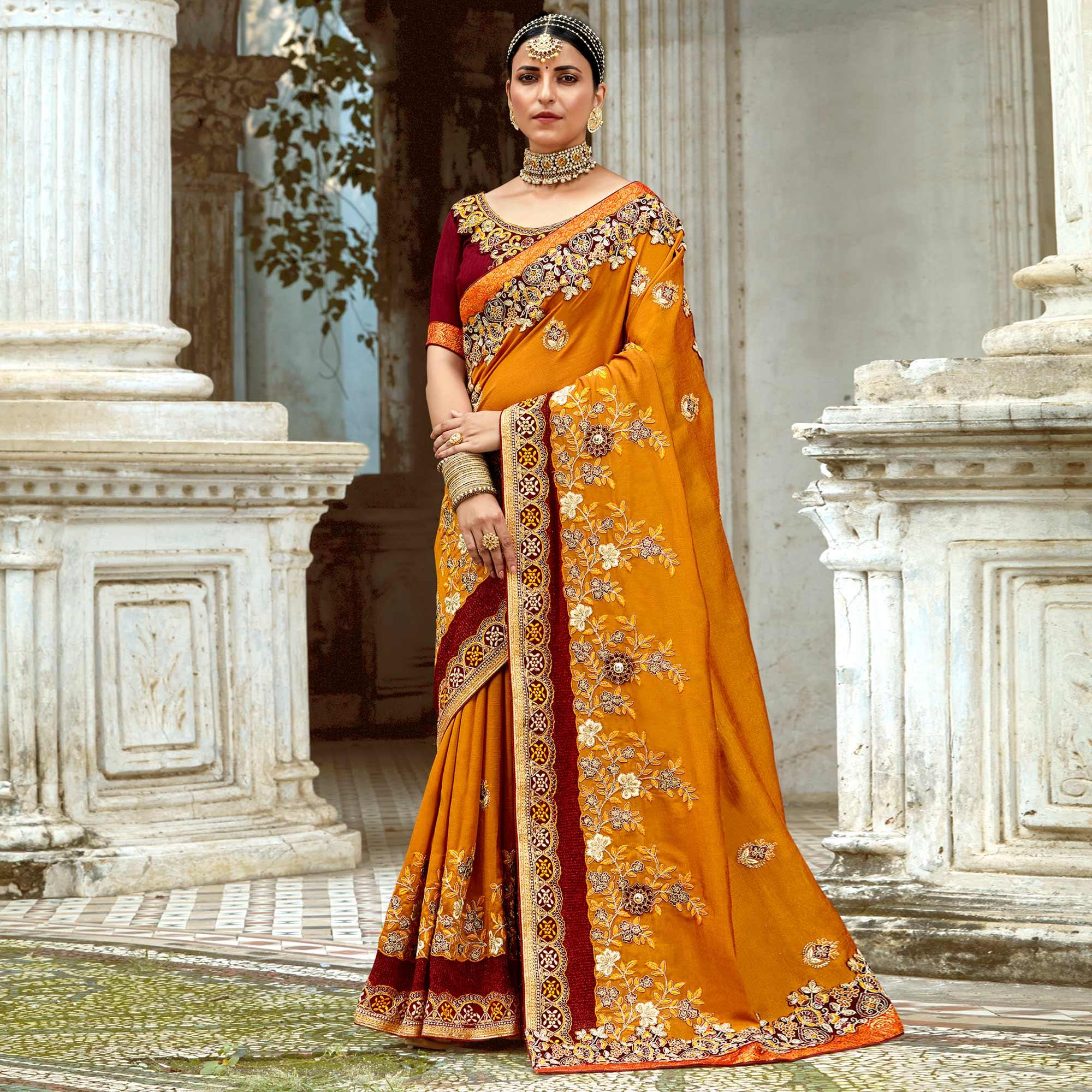 Yellow Floral Embroidered Vichitra Silk Saree - Peachmode