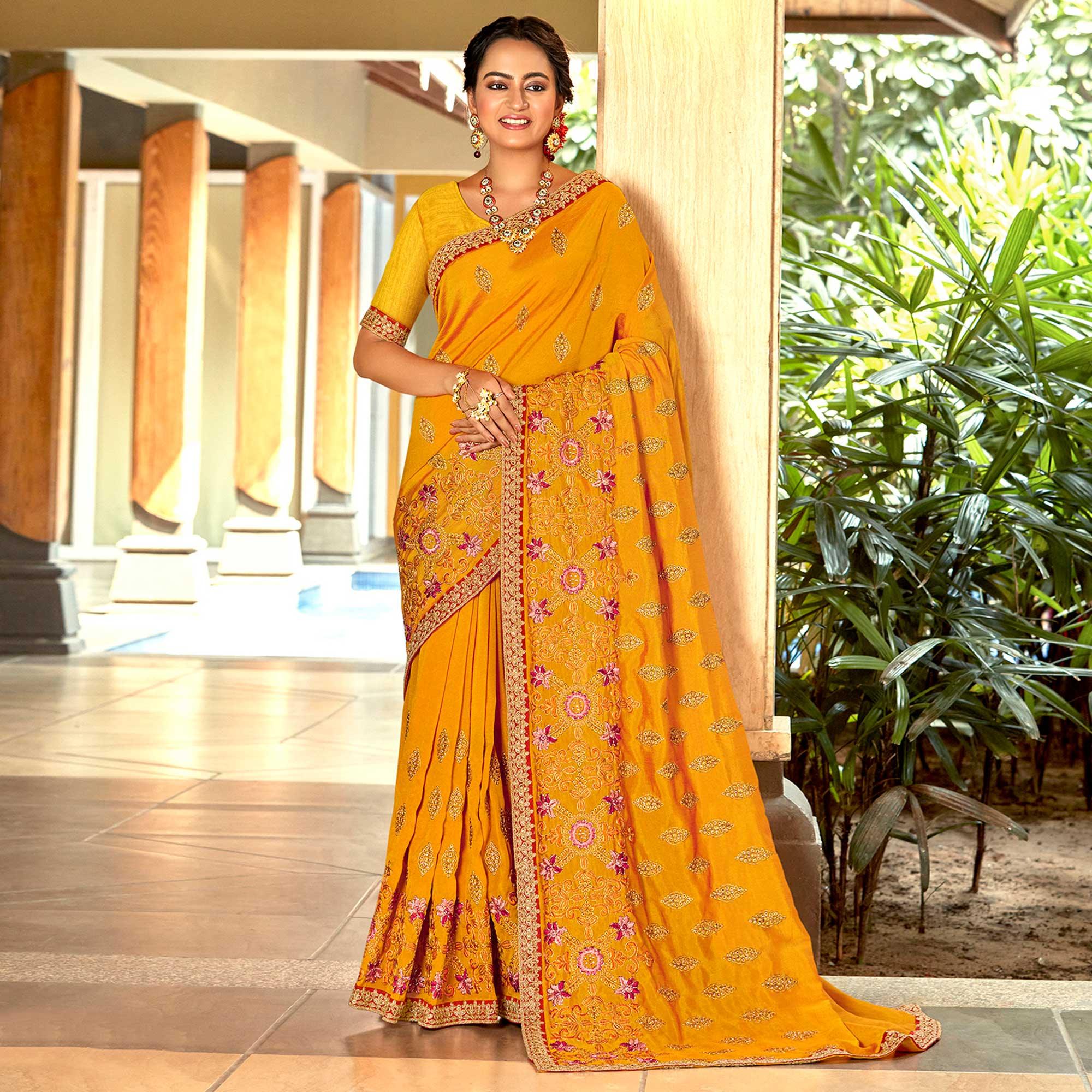 Yellow Floral Embroidered Vichitra Silk Saree - Peachmode