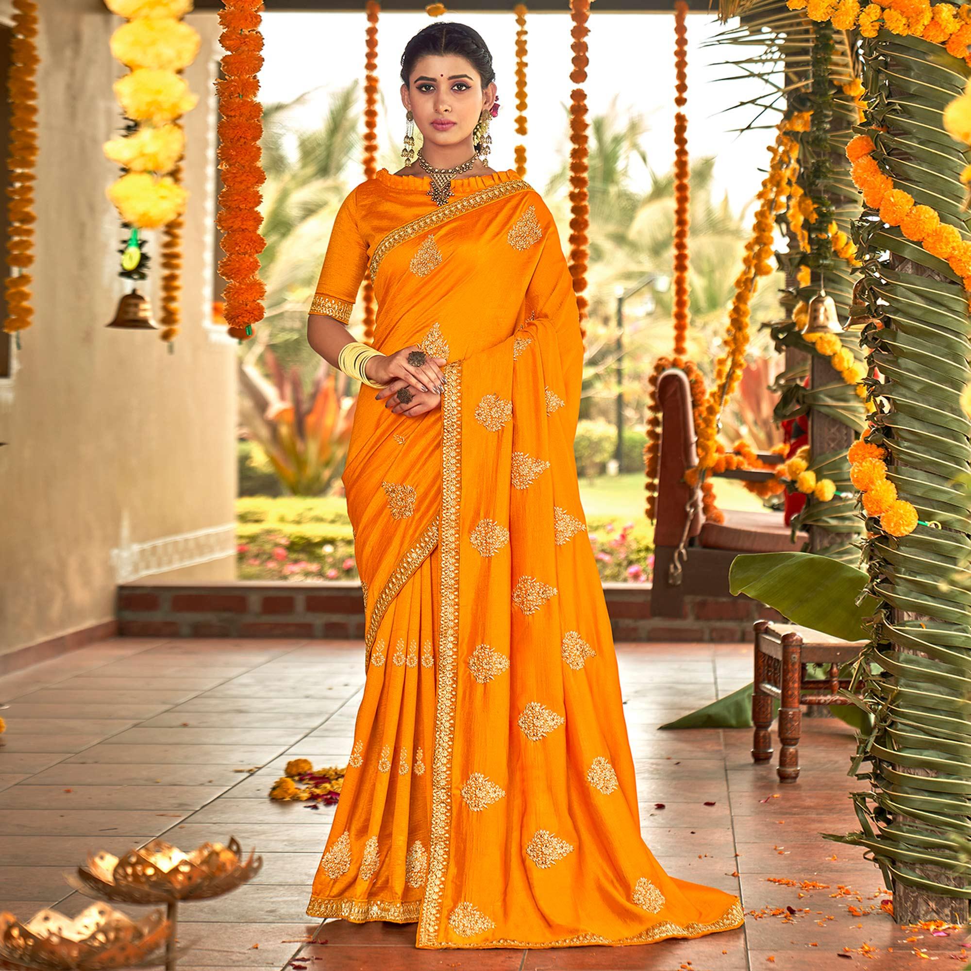 Yellow Floral Embroidered Vichitra Silk Saree - Peachmode