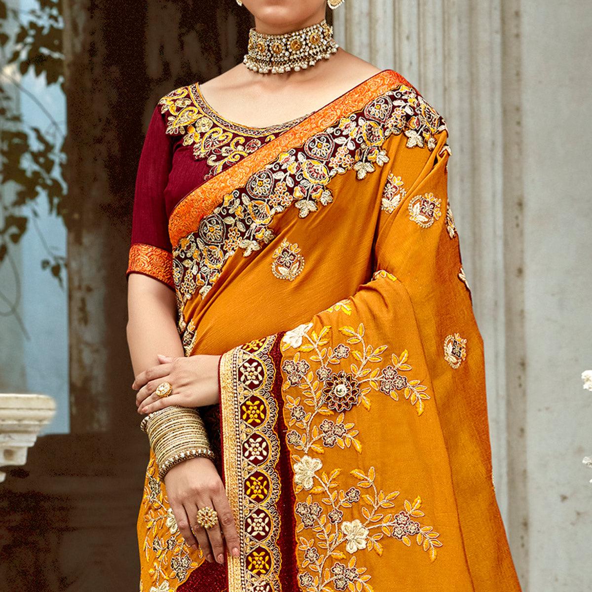 Yellow Floral Embroidered Vichitra Silk Saree - Peachmode