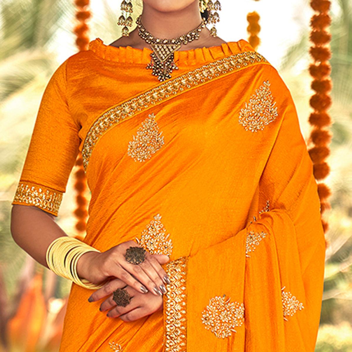 Yellow Floral Embroidered Vichitra Silk Saree - Peachmode