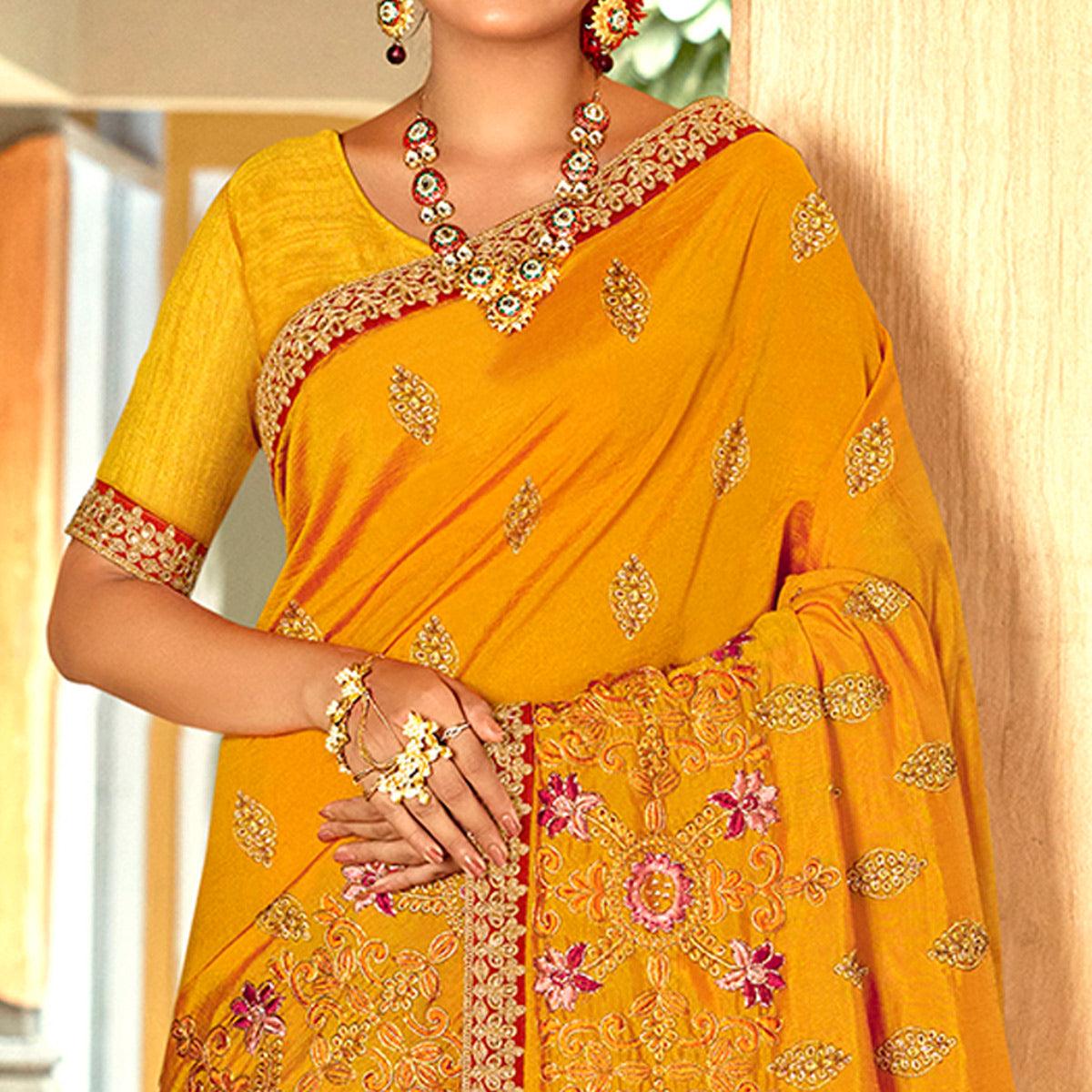 Yellow Floral Embroidered Vichitra Silk Saree - Peachmode