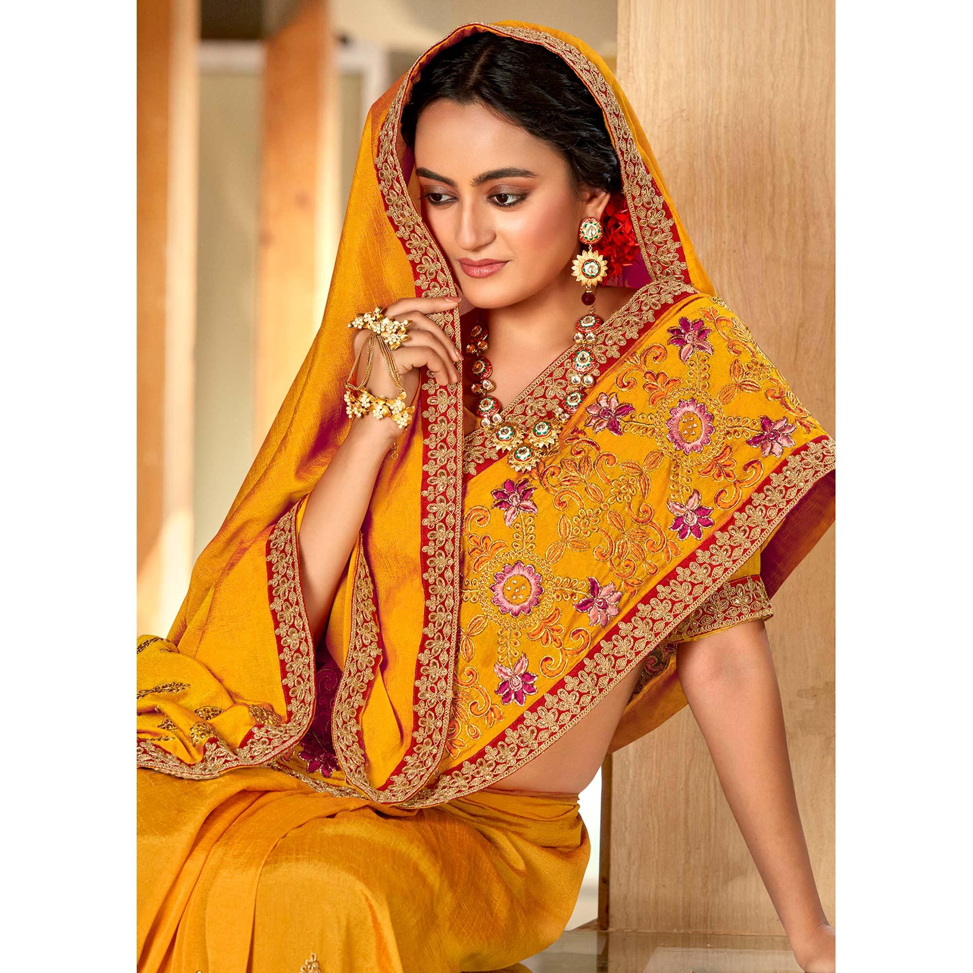 Yellow Floral Embroidered Vichitra Silk Saree - Peachmode