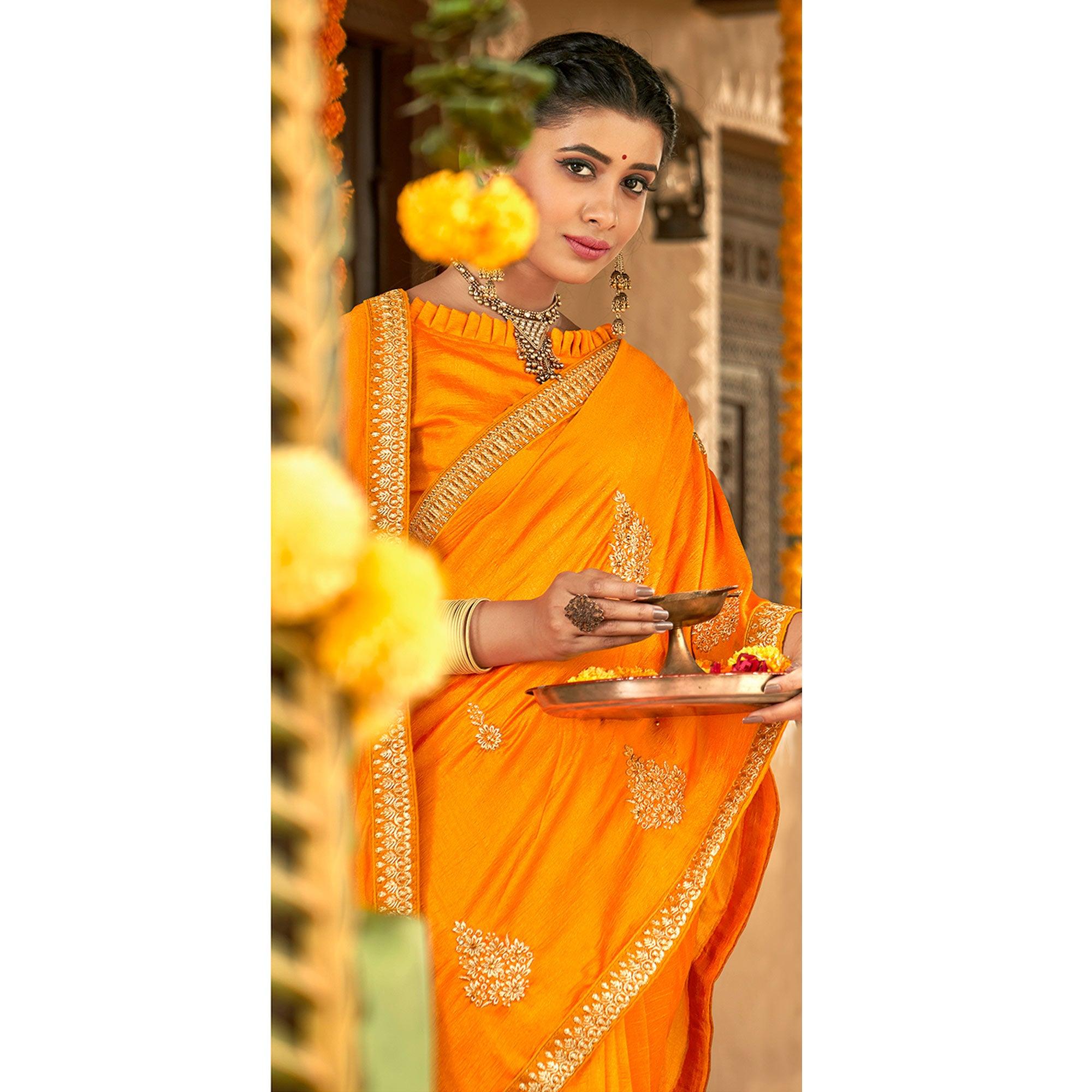 Yellow Floral Embroidered Vichitra Silk Saree - Peachmode