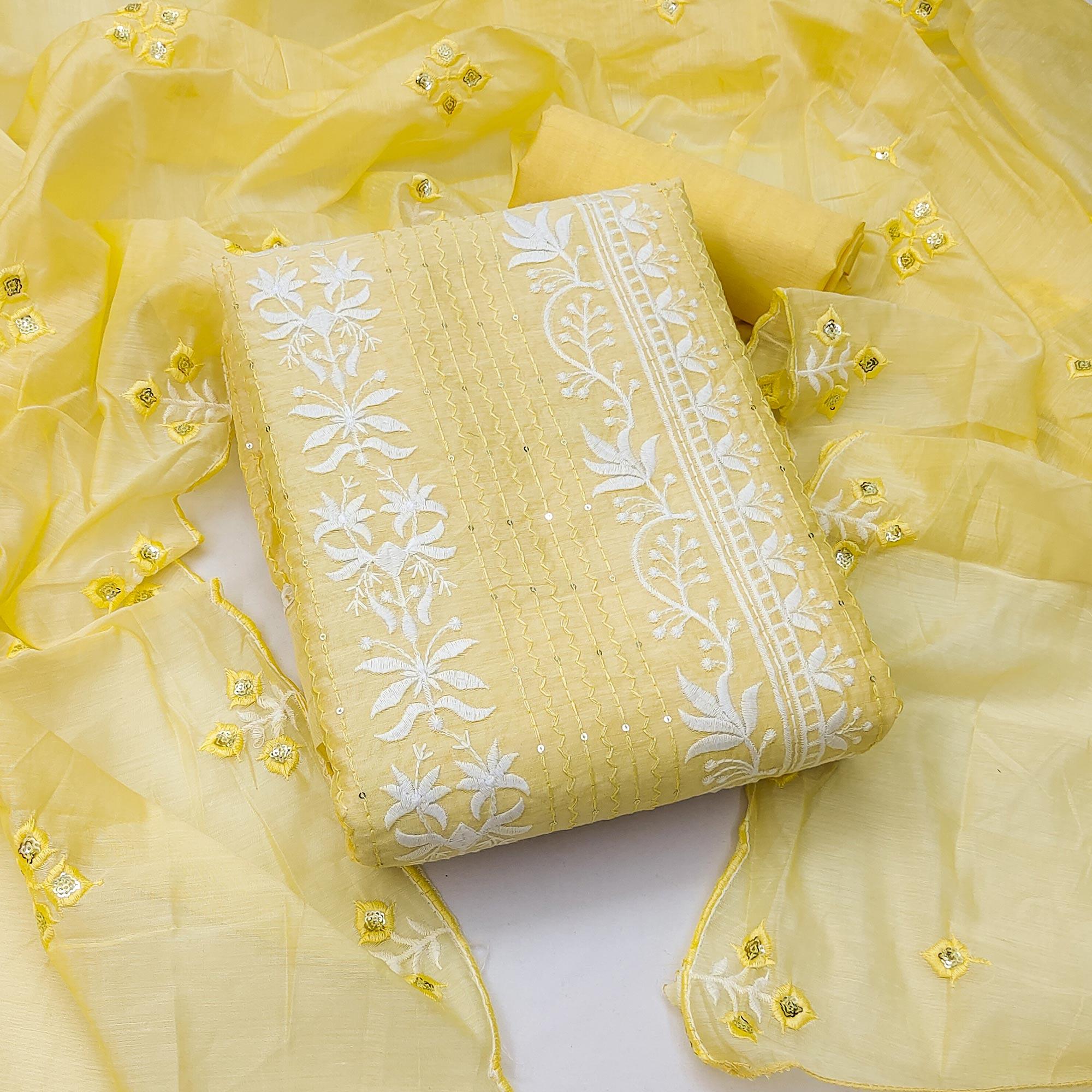 Yellow Floral Embroidered With Sequence Chanderi Dress Material - Peachmode