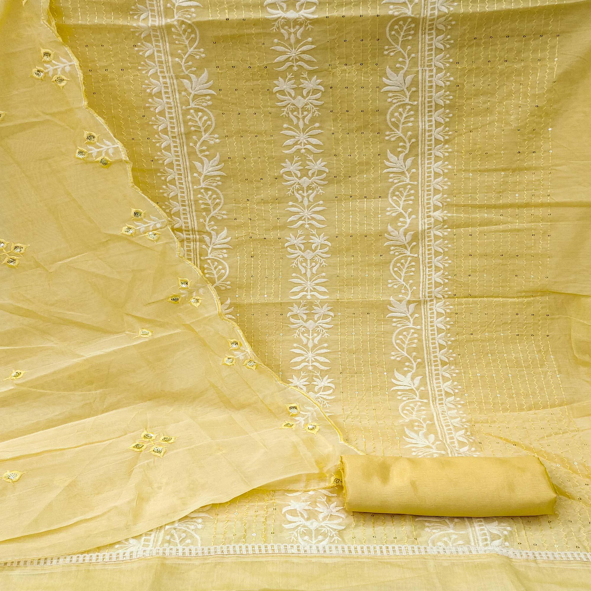 Yellow Floral Embroidered With Sequence Chanderi Dress Material - Peachmode