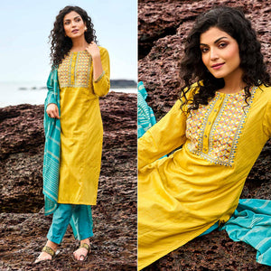 Yellow Floral Embroidered With Stripe Printed Cotton Kurti Pant Set - Peachmode