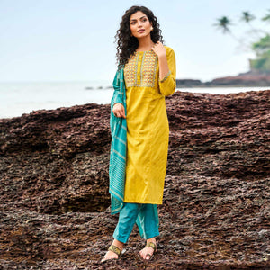 Yellow Floral Embroidered With Stripe Printed Cotton Kurti Pant Set - Peachmode