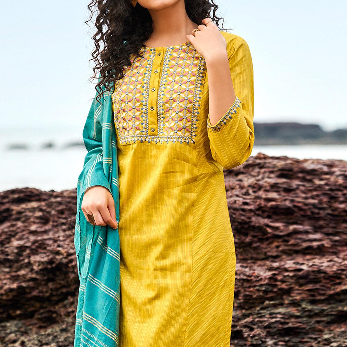 Yellow Floral Embroidered With Stripe Printed Cotton Kurti Pant Set - Peachmode