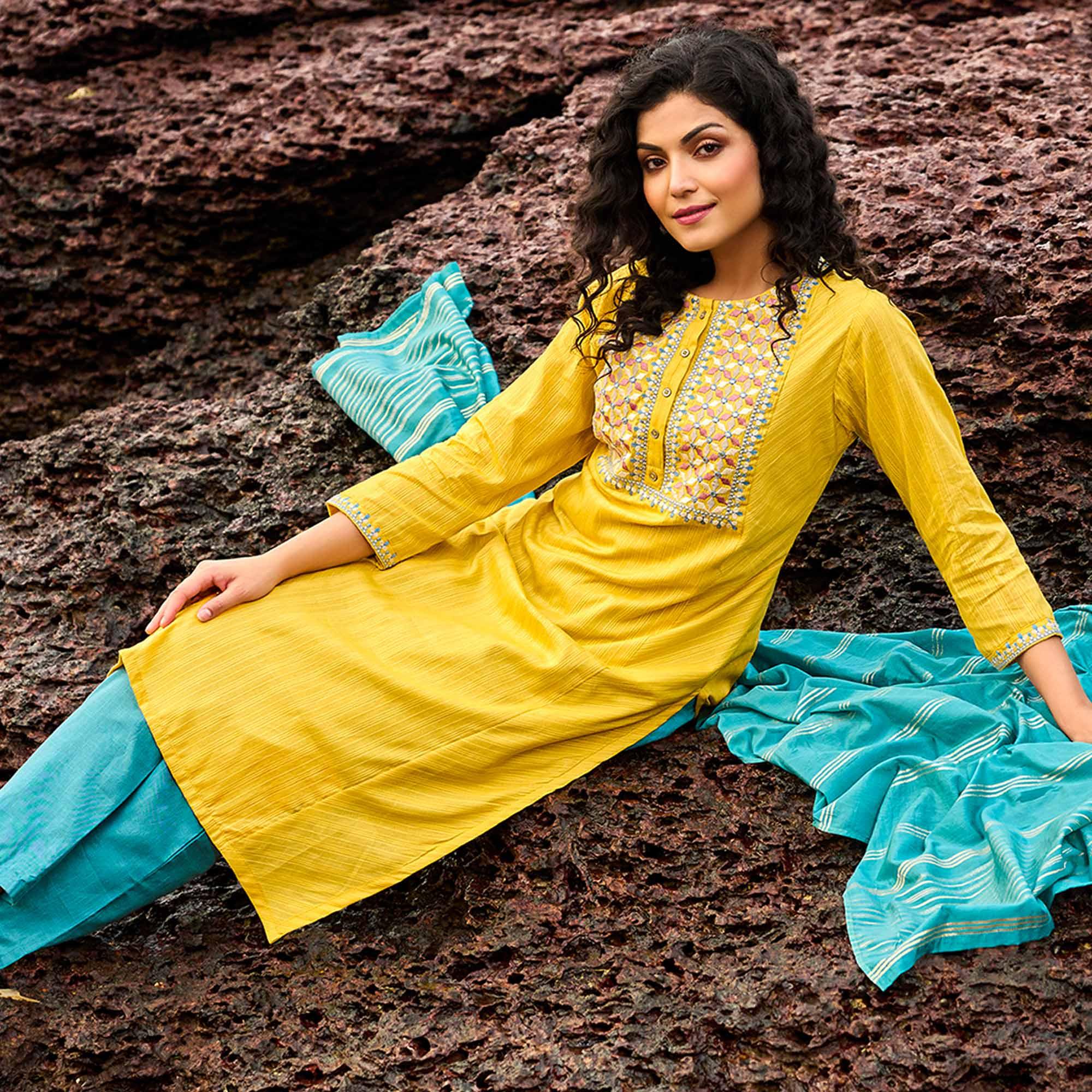 Yellow Floral Embroidered With Stripe Printed Cotton Kurti Pant Set - Peachmode