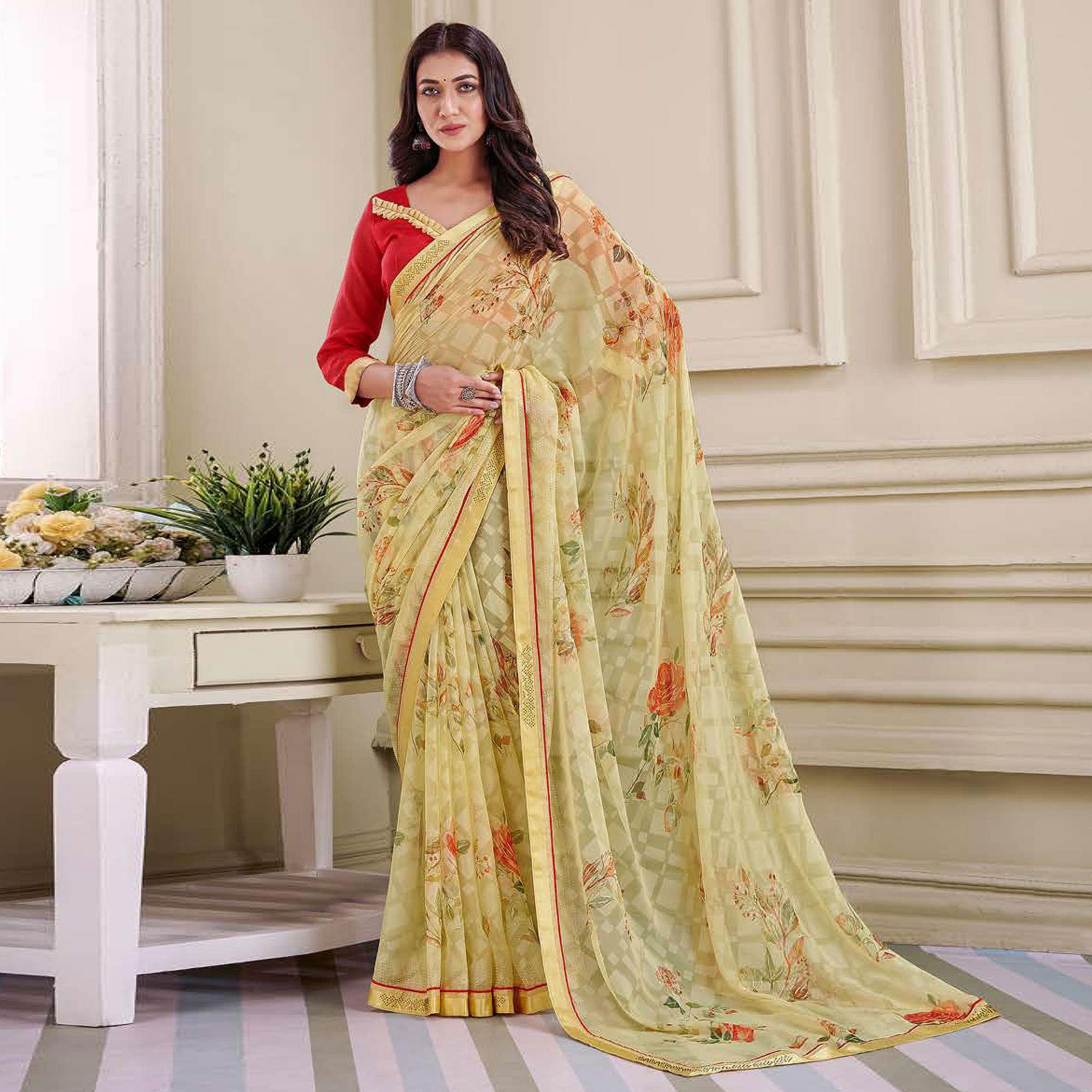 Yellow Floral Printed Brasso Saree - Peachmode