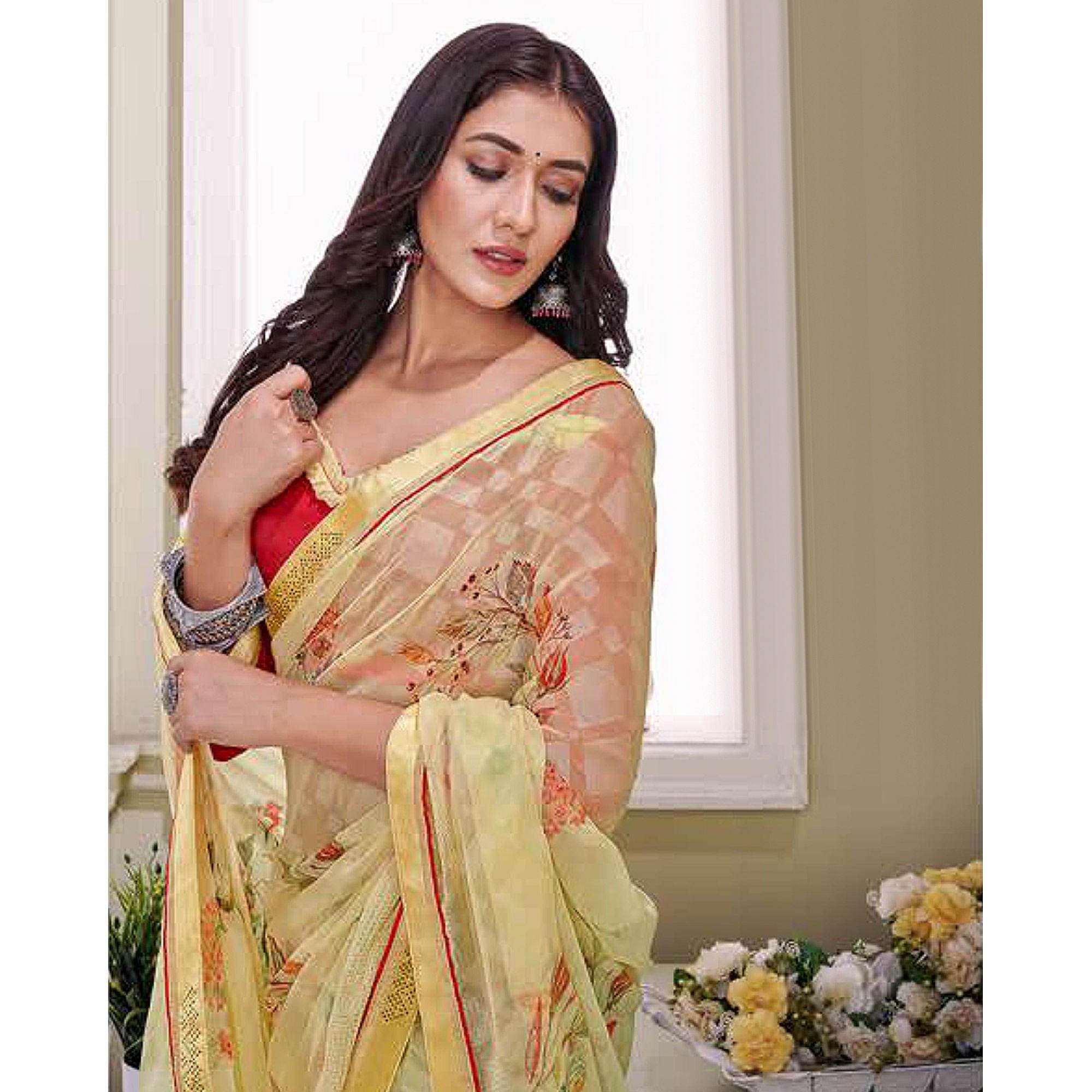 Yellow Floral Printed Brasso Saree - Peachmode