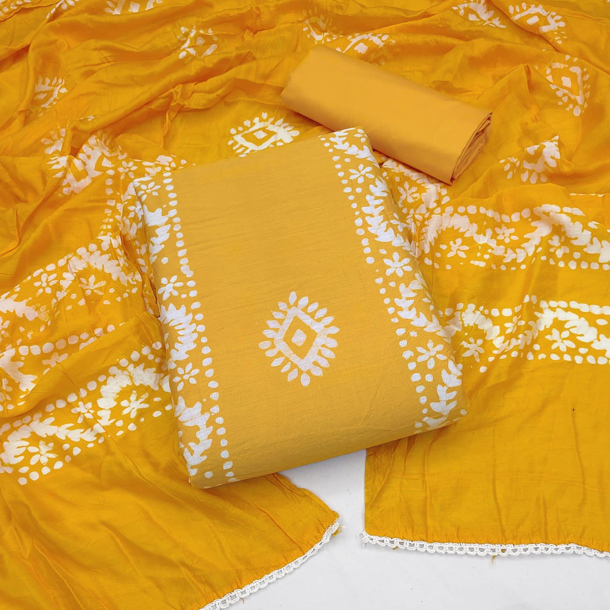 Yellow Floral Printed Chanderi Dress Material - Peachmode