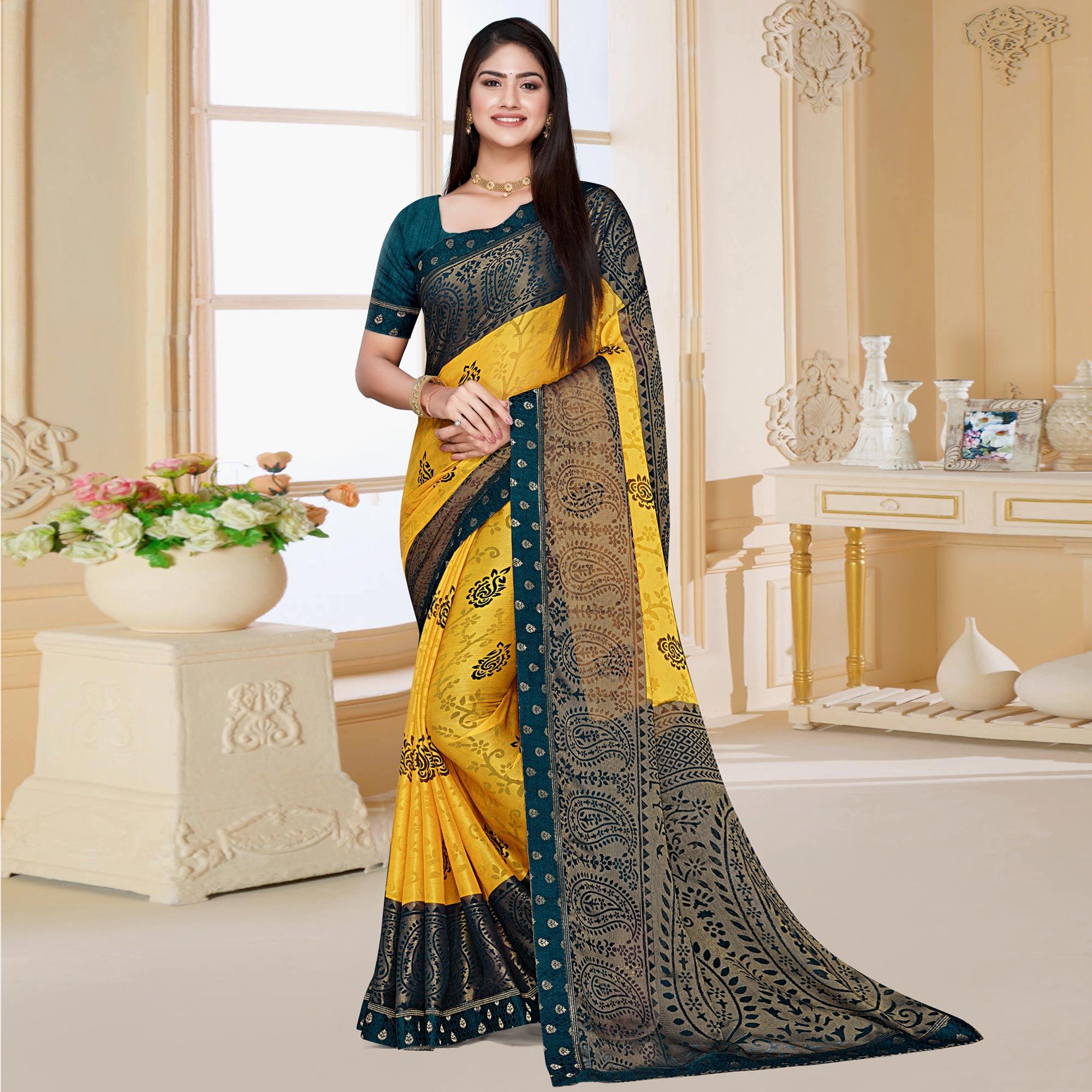 Yellow Floral Printed Chiffon Saree - Peachmode