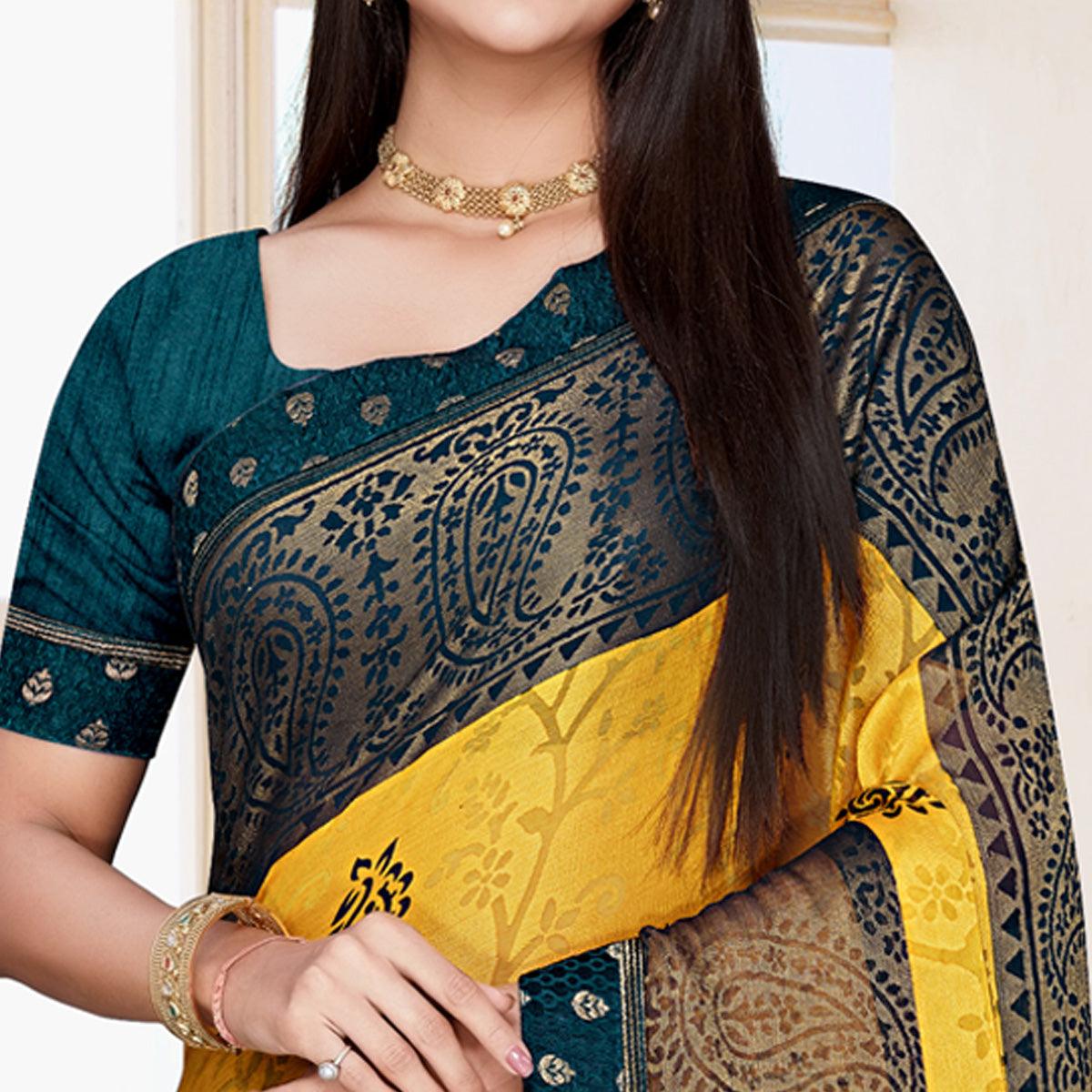Yellow Floral Printed Chiffon Saree - Peachmode