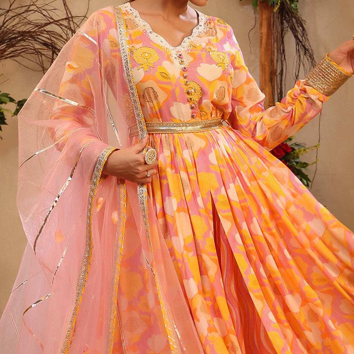 Yellow Floral Printed Cotton Silk Sharara Suit - Peachmode