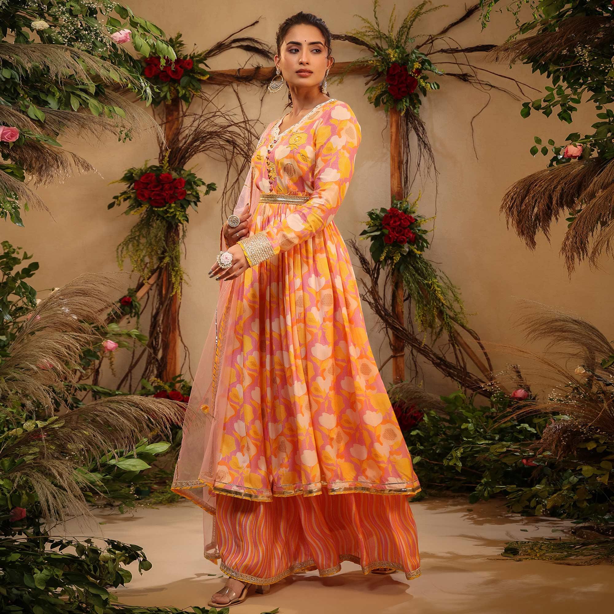 Yellow Floral Printed Cotton Silk Sharara Suit - Peachmode