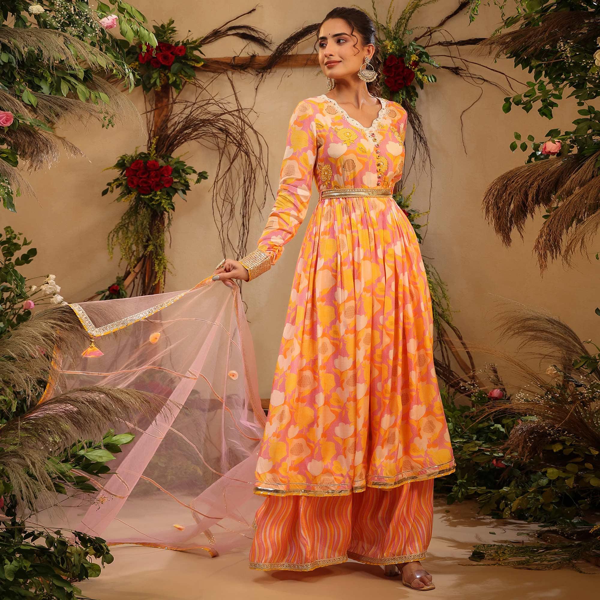 Yellow Floral Printed Cotton Silk Sharara Suit - Peachmode