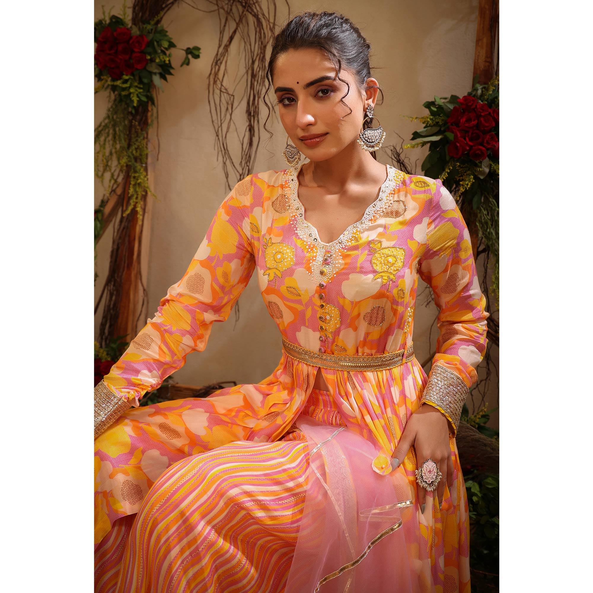 Yellow Floral Printed Cotton Silk Sharara Suit - Peachmode