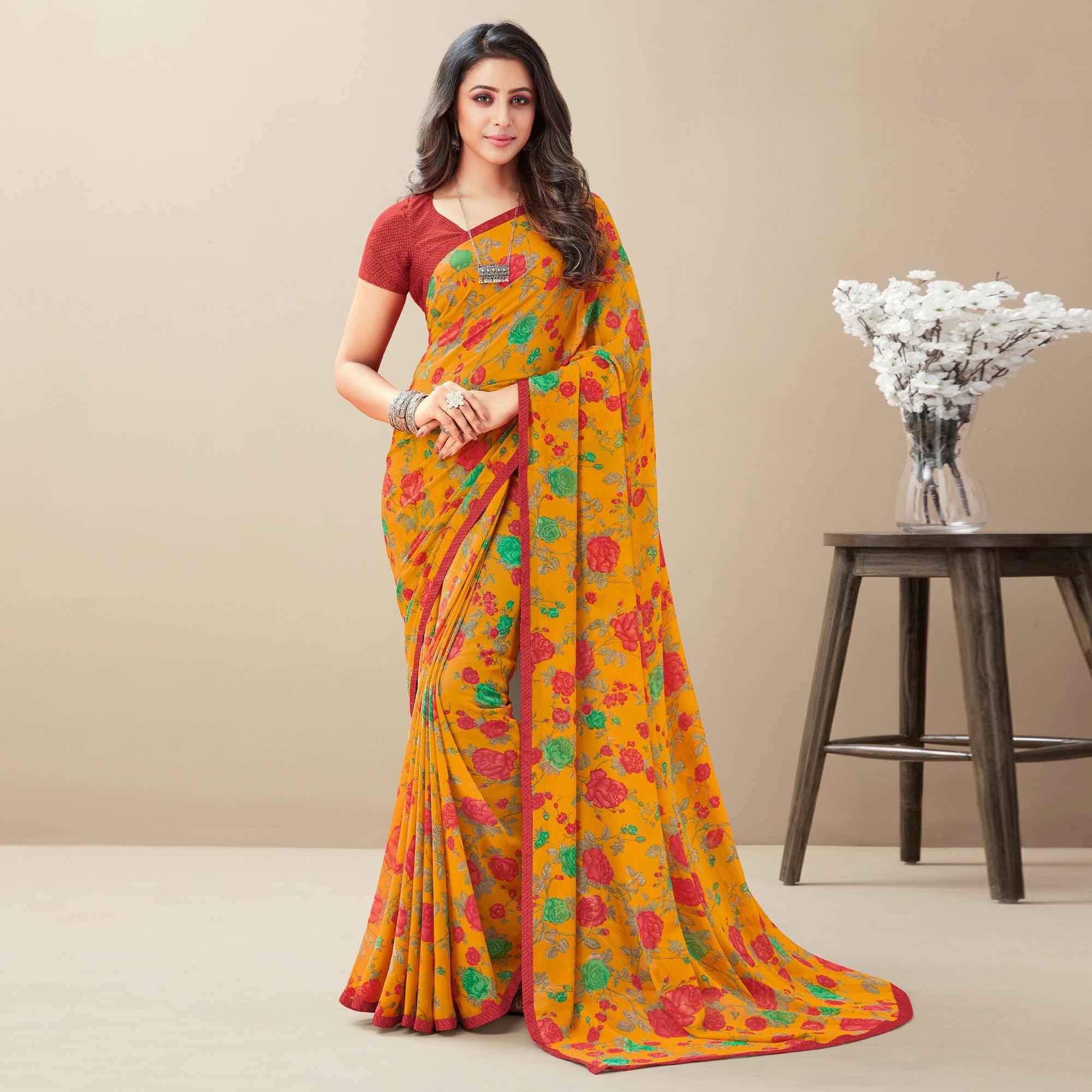 Yellow Floral Printed Georgette Saree - Peachmode