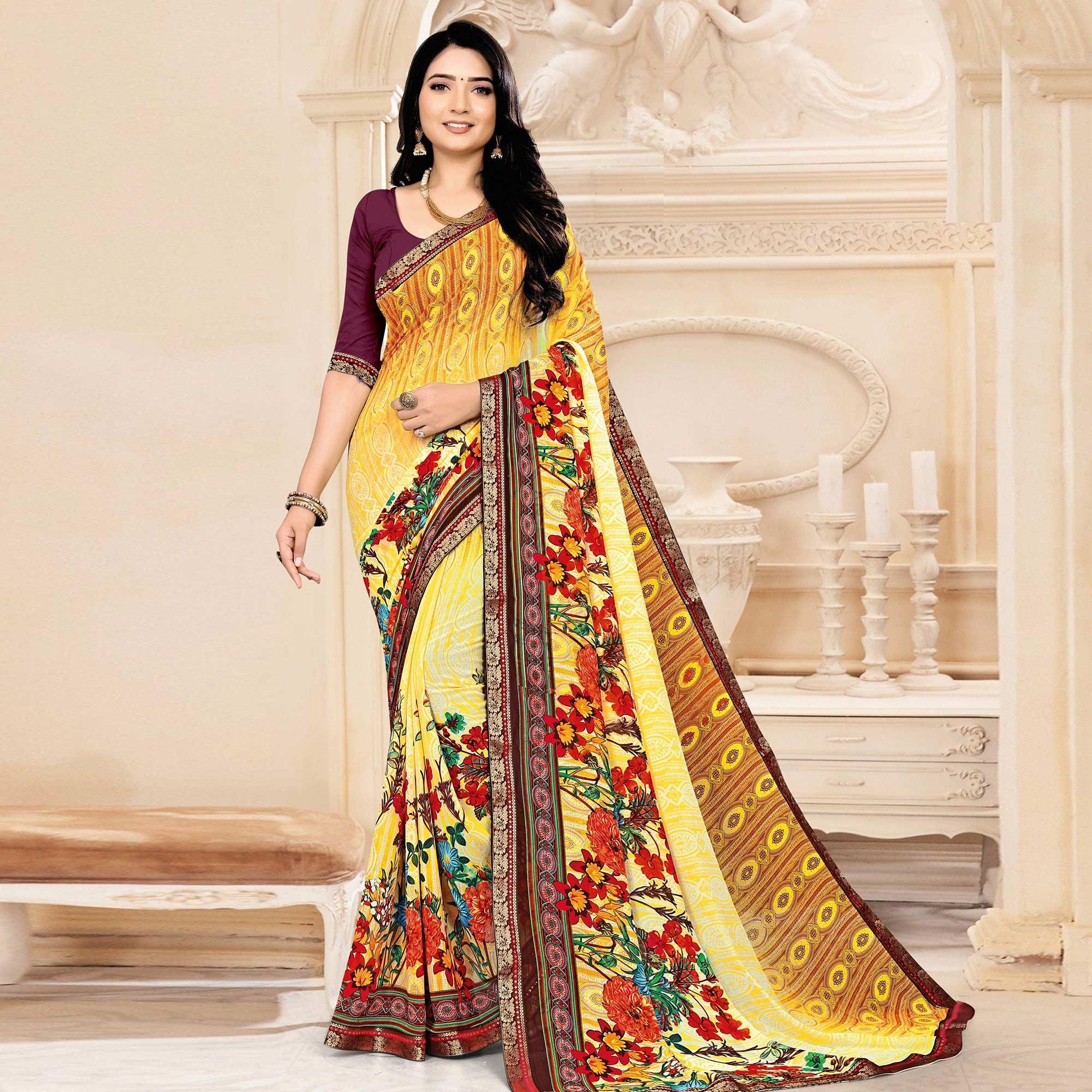 Yellow Floral Printed Georgette Saree - Peachmode