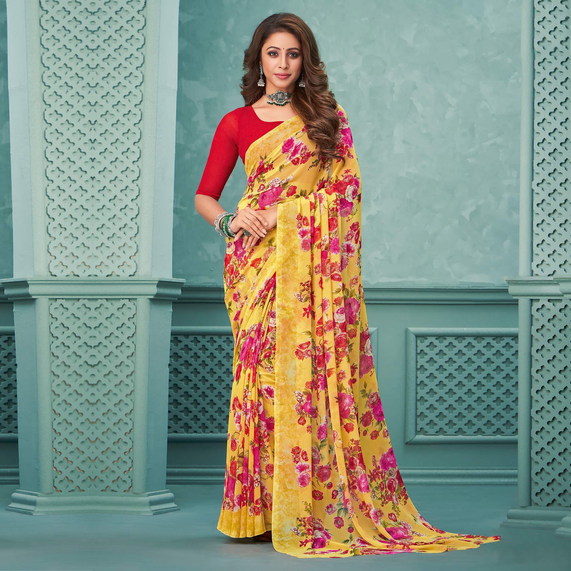 Yellow Floral Printed Georgette Saree - Peachmode