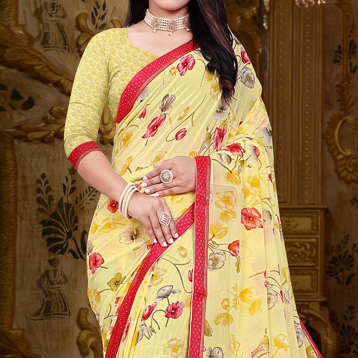 Yellow Floral Printed Georgette Saree - Peachmode