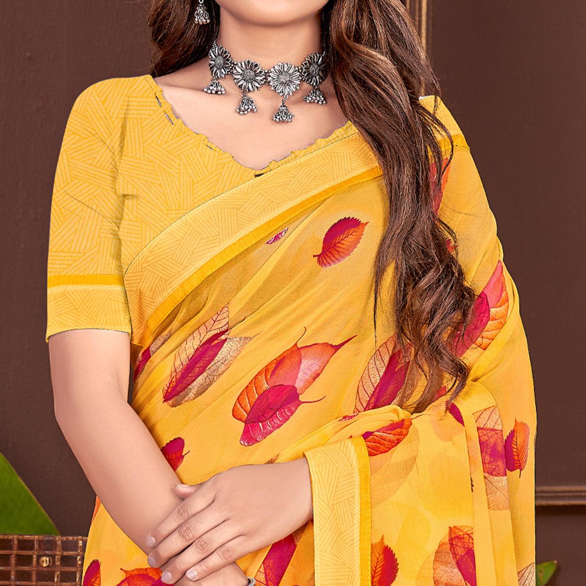 Yellow Floral Printed Georgette Saree - Peachmode
