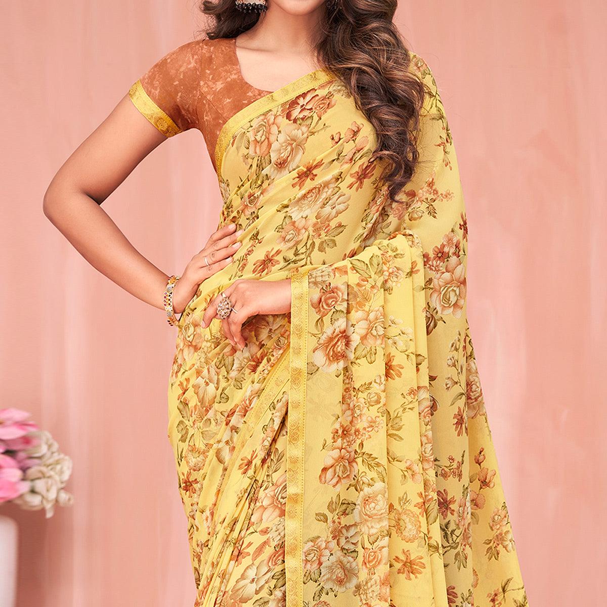 Yellow Floral Printed Georgette Saree - Peachmode