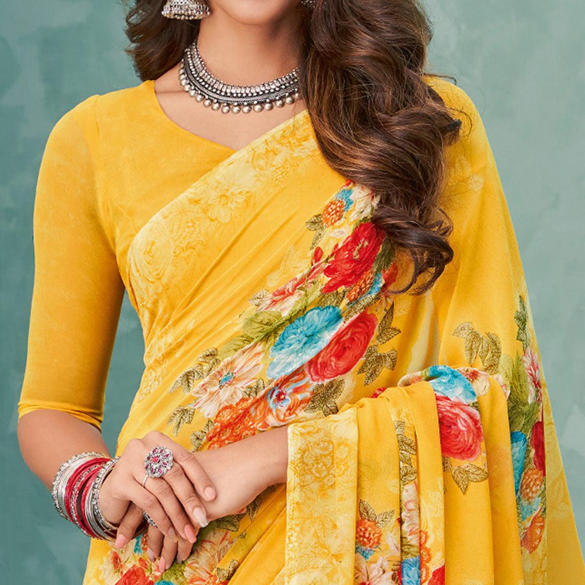 Yellow Floral Printed Georgette Saree - Peachmode