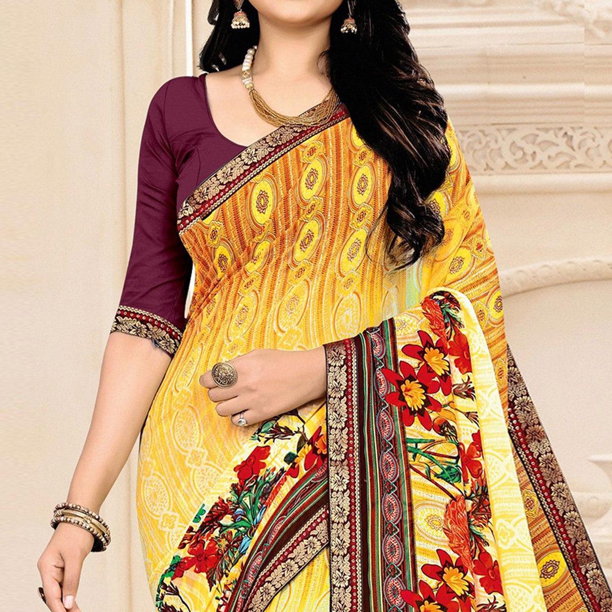 Yellow Floral Printed Georgette Saree - Peachmode
