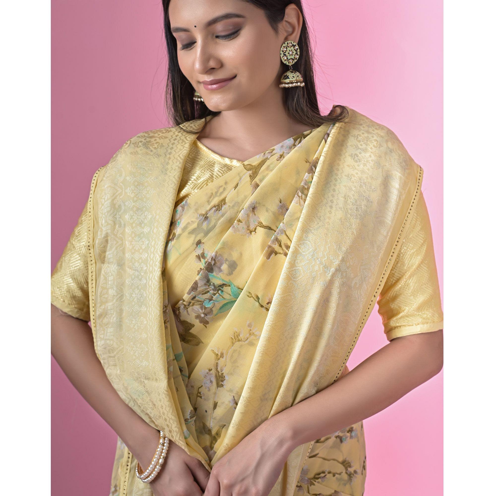Yellow Floral Printed Georgette Saree - Peachmode