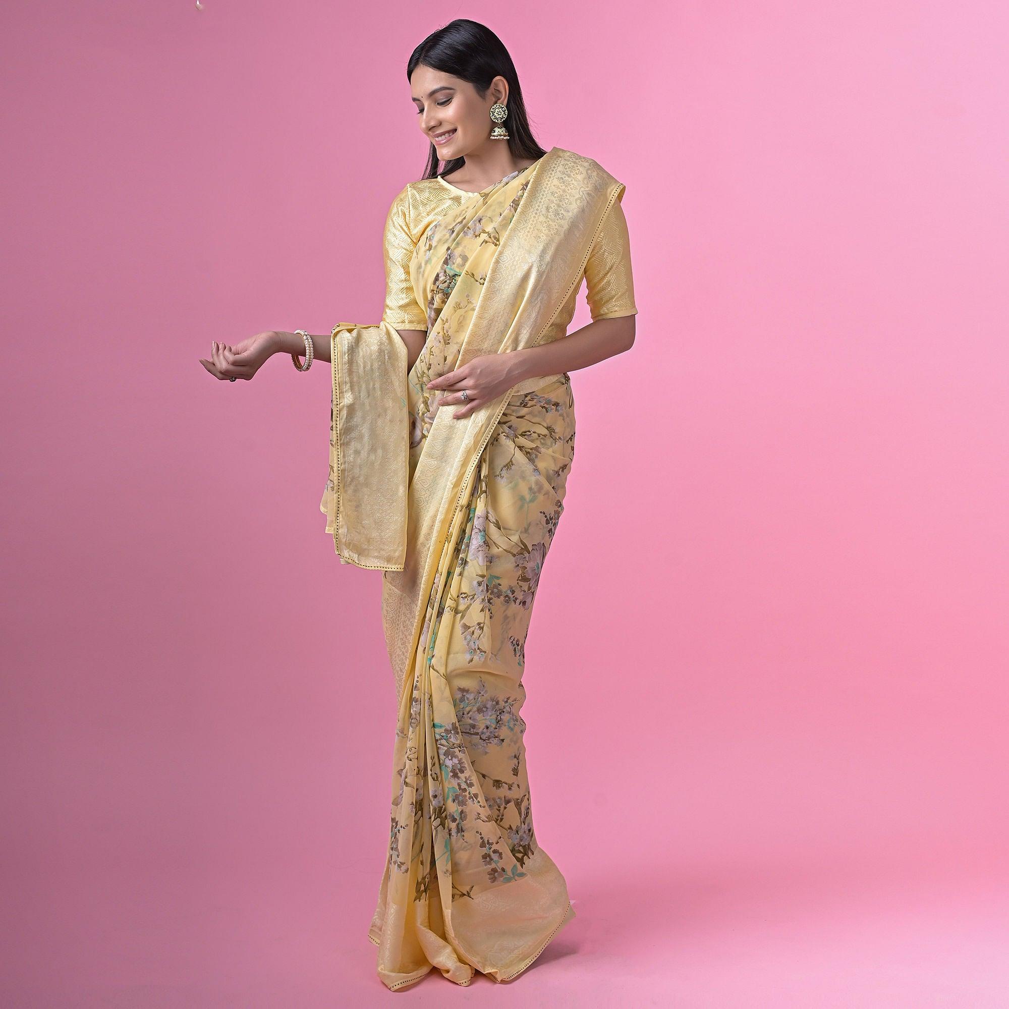 Yellow Floral Printed Georgette Saree - Peachmode