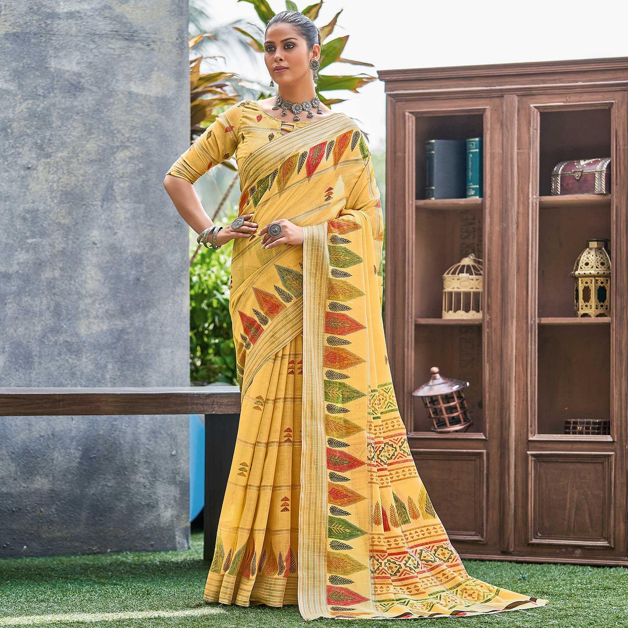 Yellow Floral Printed Linen Saree - Peachmode