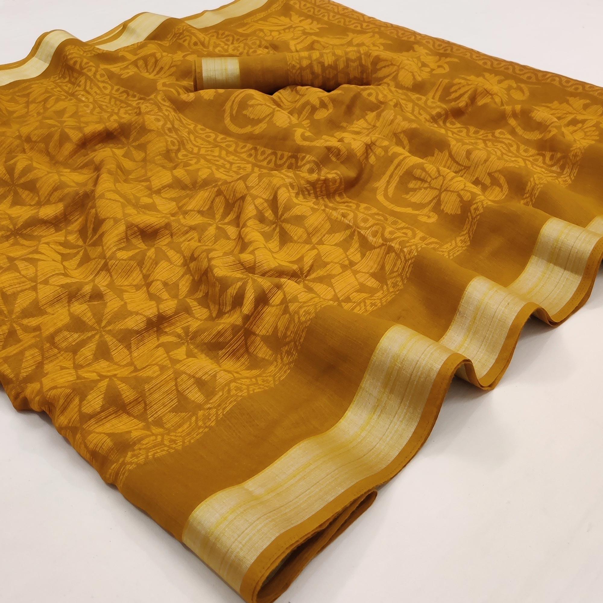 Yellow Floral Printed Linen Saree - Peachmode