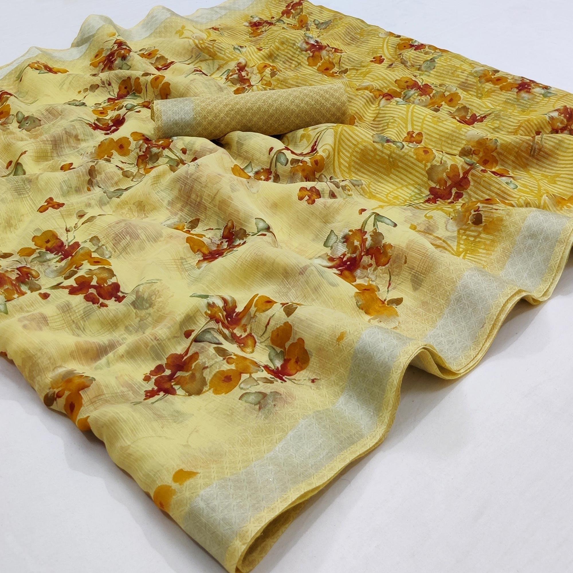 Yellow Floral Printed Linen Saree - Peachmode