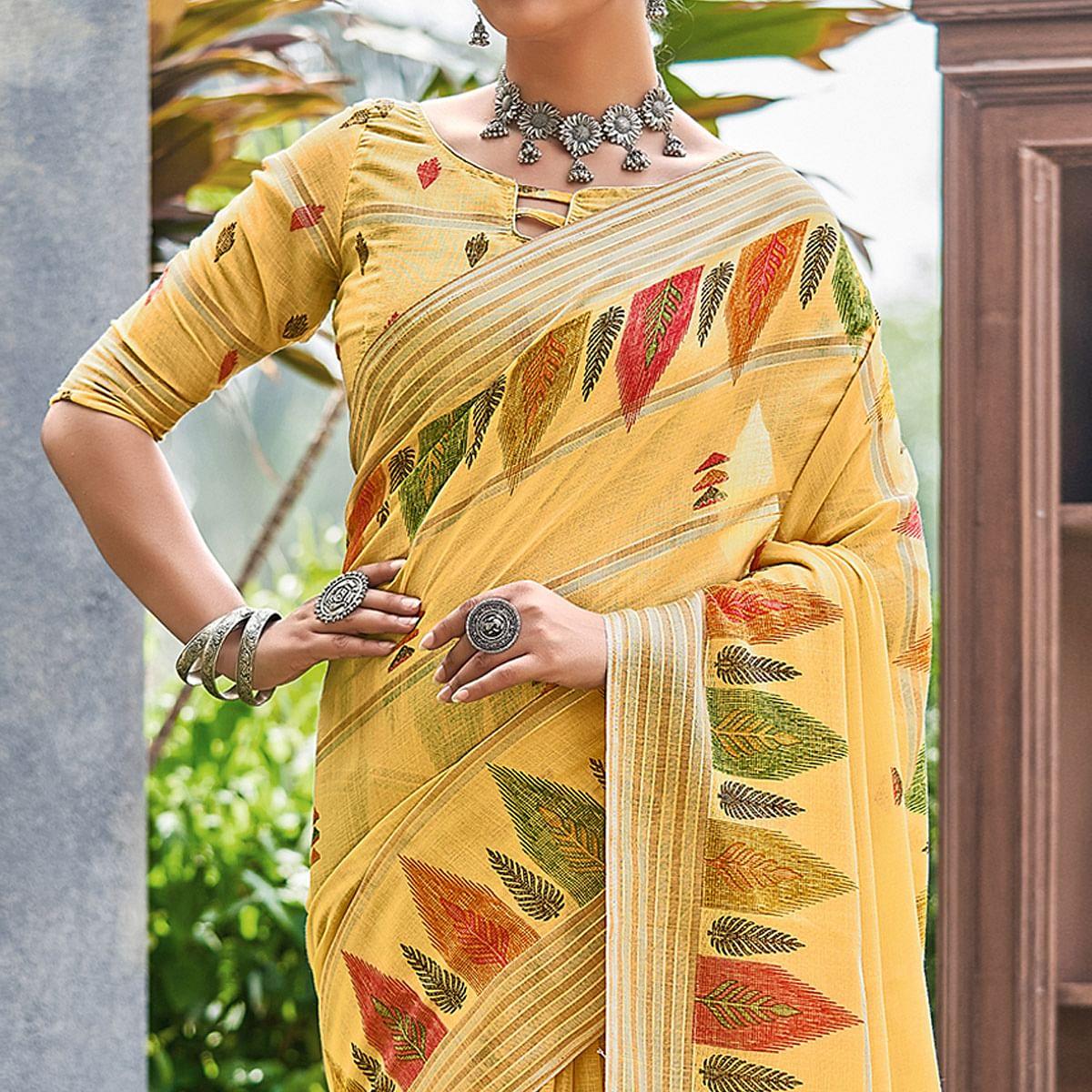 Yellow Floral Printed Linen Saree - Peachmode