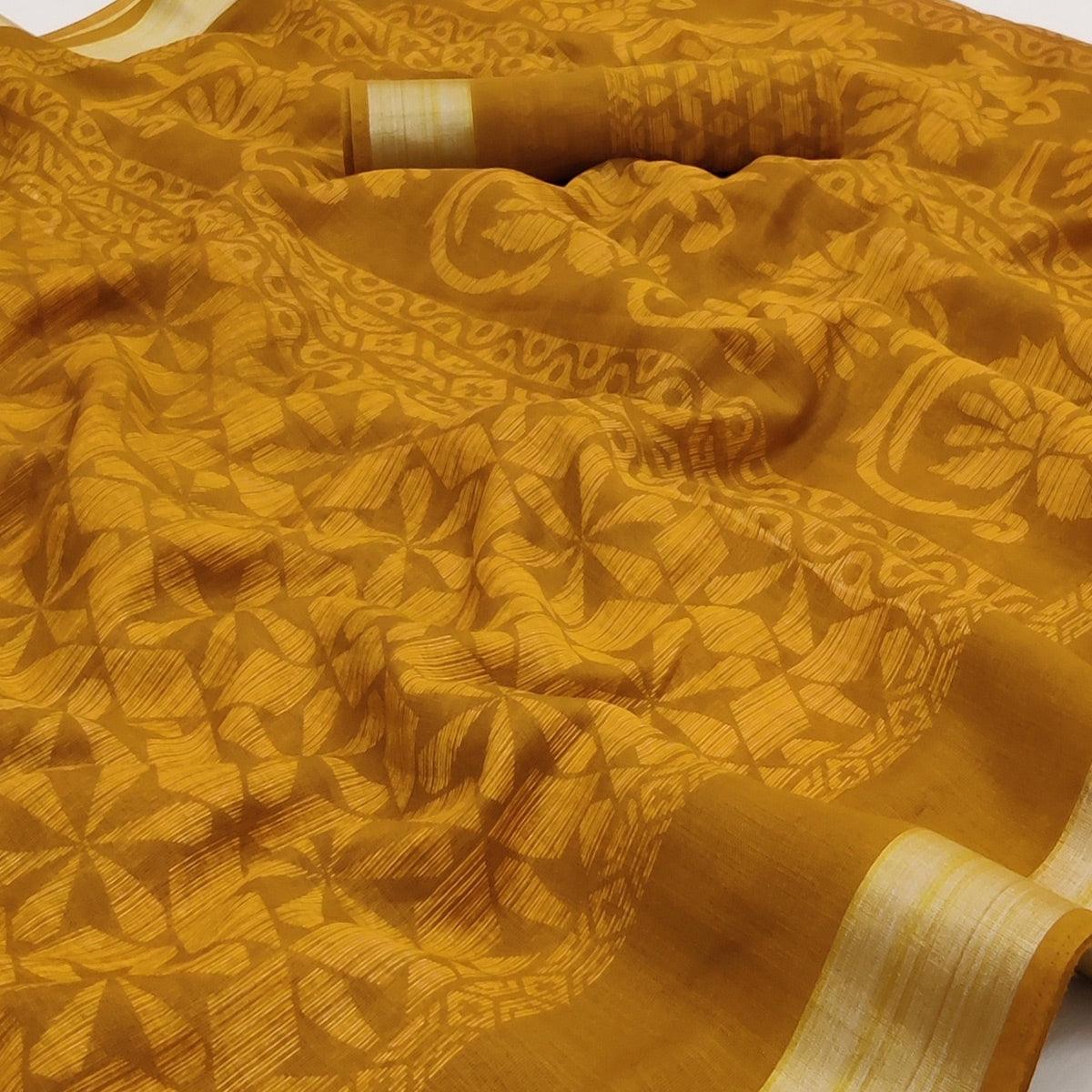 Yellow Floral Printed Linen Saree - Peachmode