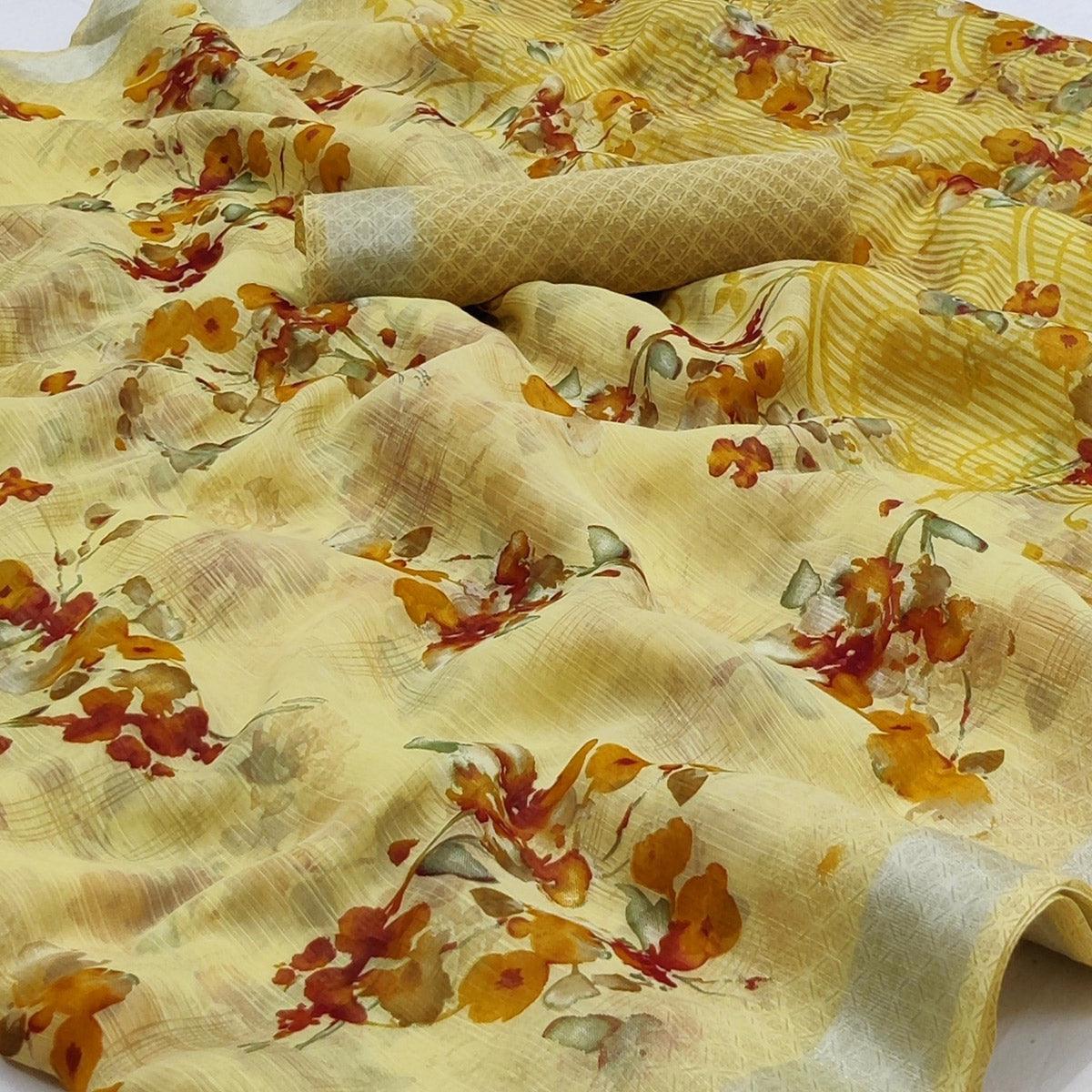 Yellow Floral Printed Linen Saree - Peachmode