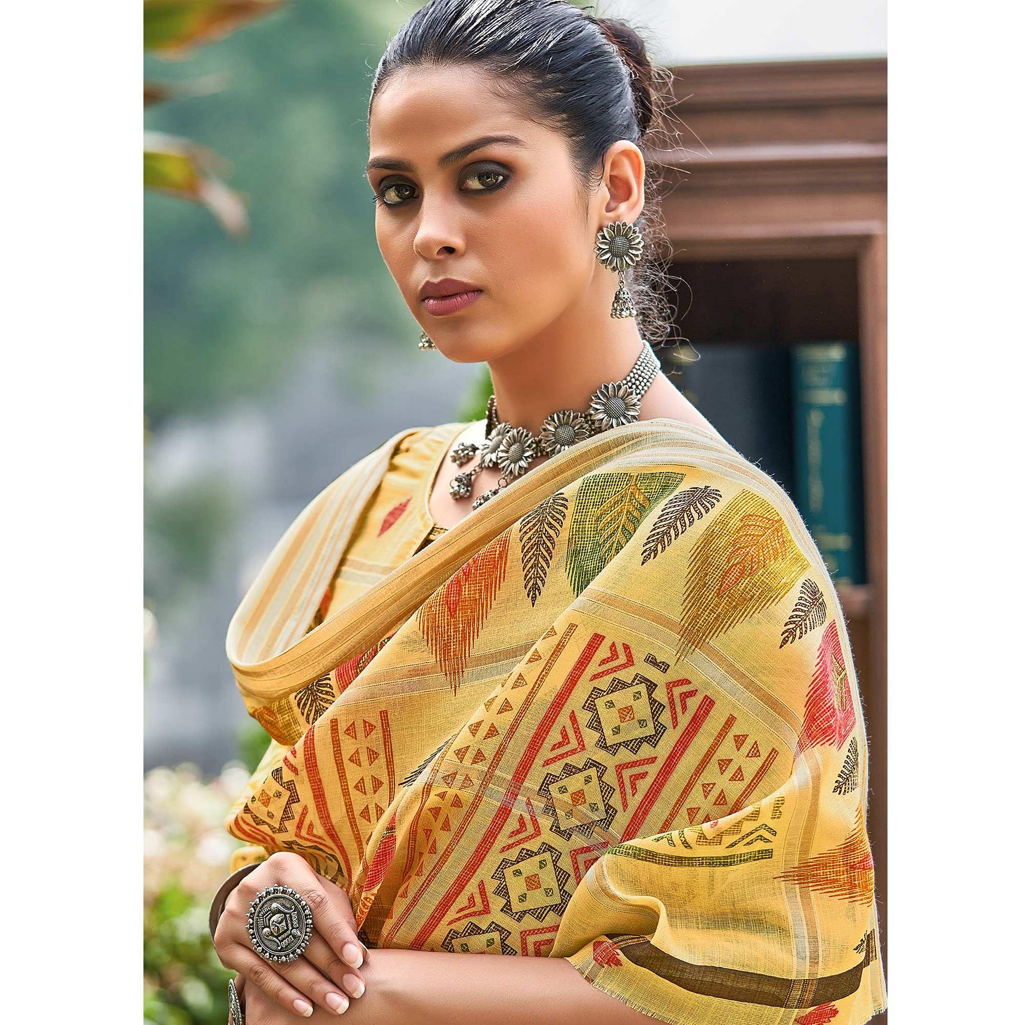 Yellow Floral Printed Linen Saree - Peachmode