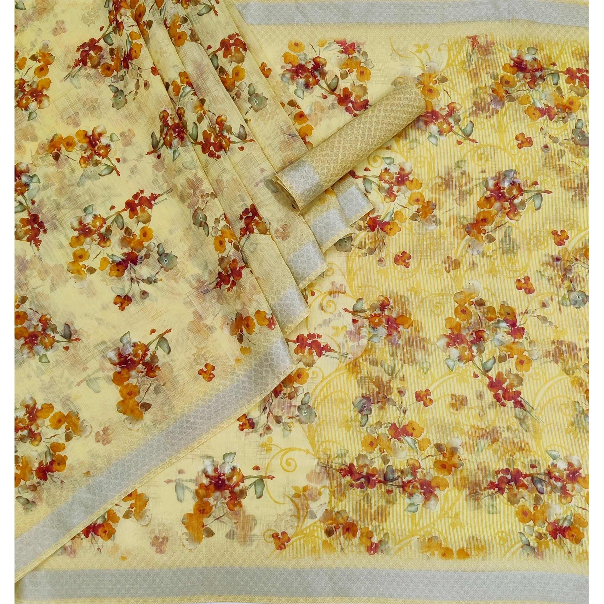 Yellow Floral Printed Linen Saree - Peachmode