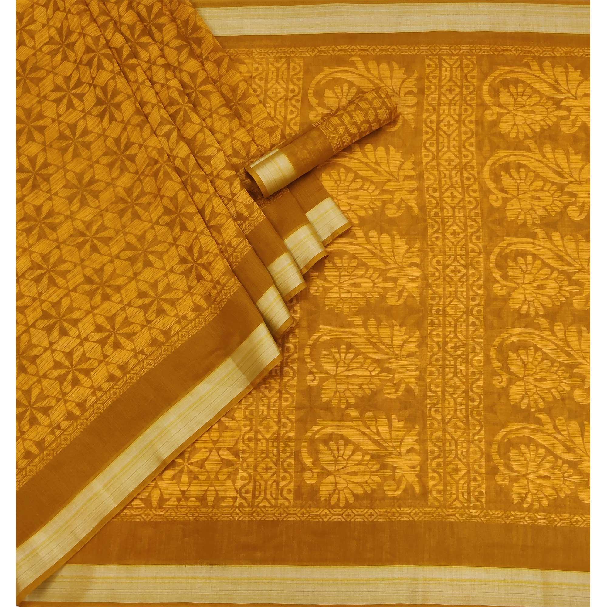 Yellow Floral Printed Linen Saree - Peachmode