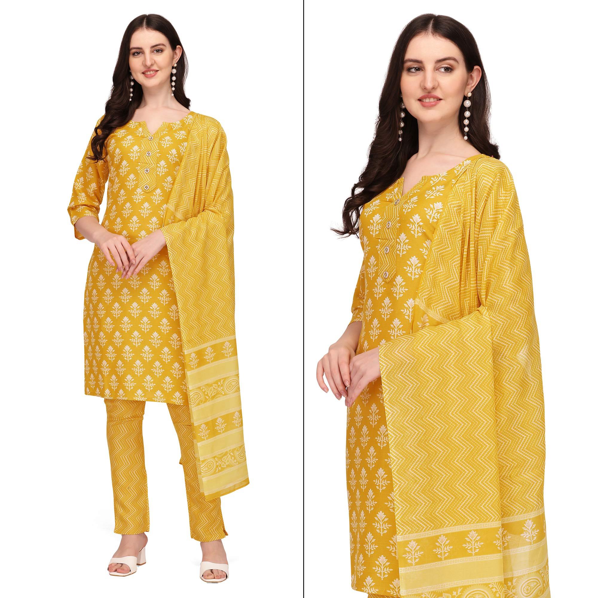 Yellow Floral Printed Poly Cotton Kurti Pant Set With Dupatta - Peachmode