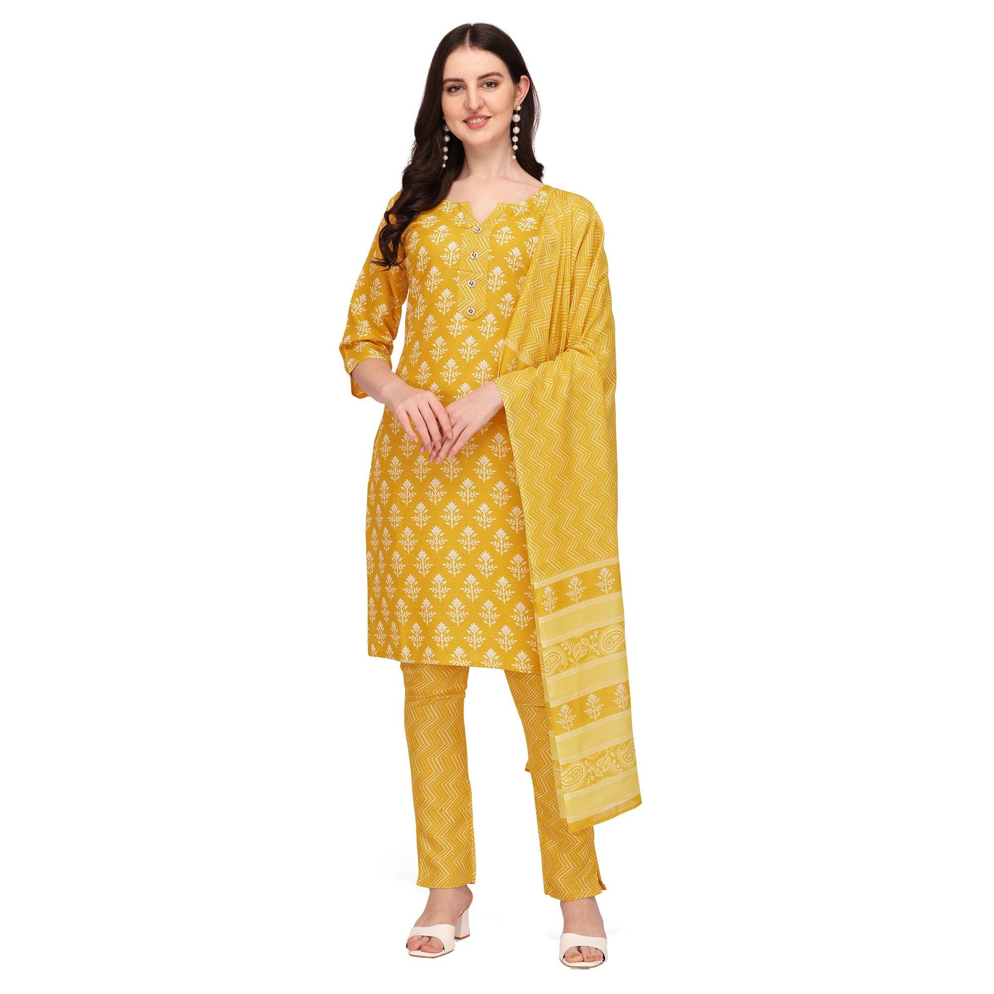 Yellow Floral Printed Poly Cotton Kurti Pant Set With Dupatta - Peachmode